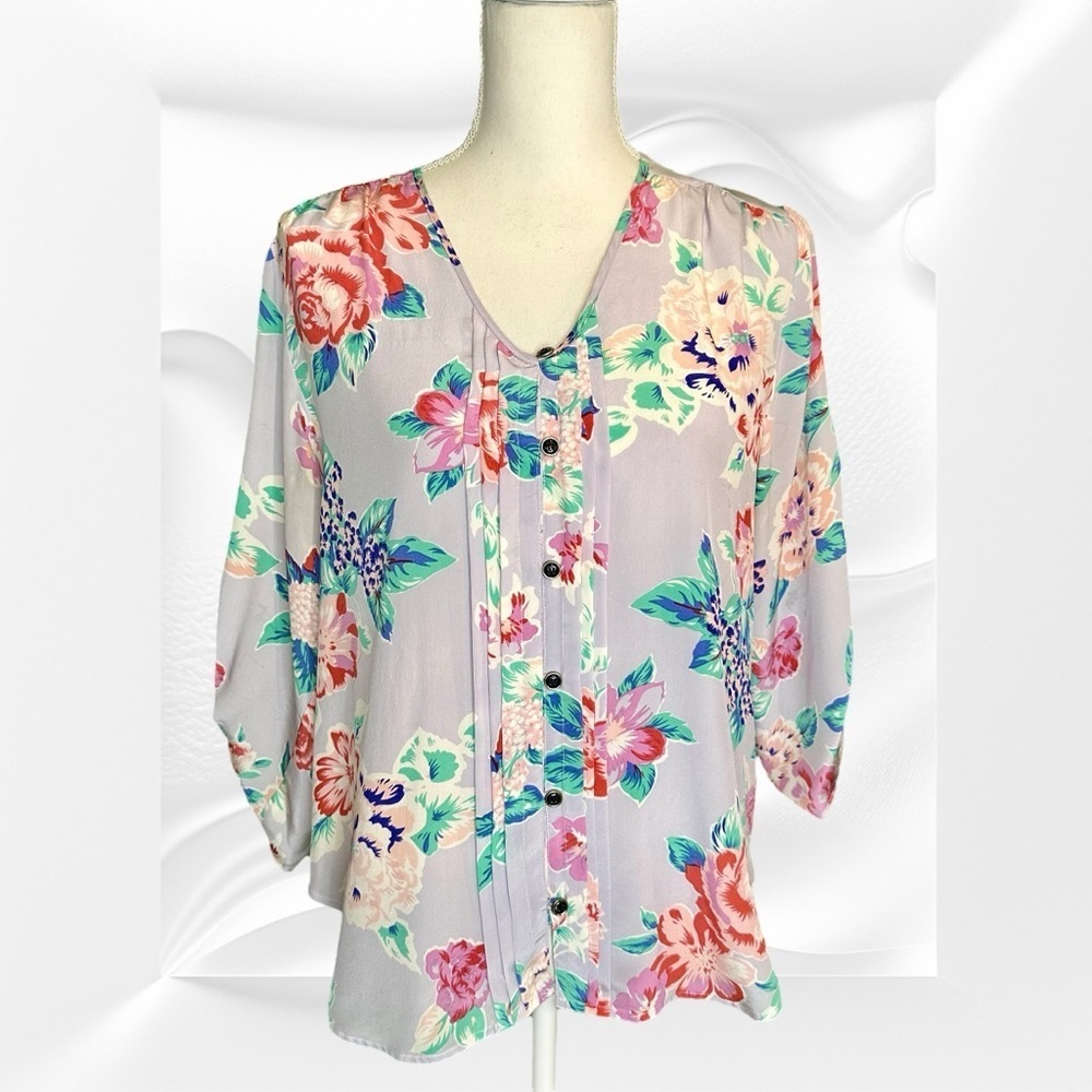 Yumi Kim Lavender Purple Floral 100% Silk Button Up Roll-Up Sleeve Blouse Size M